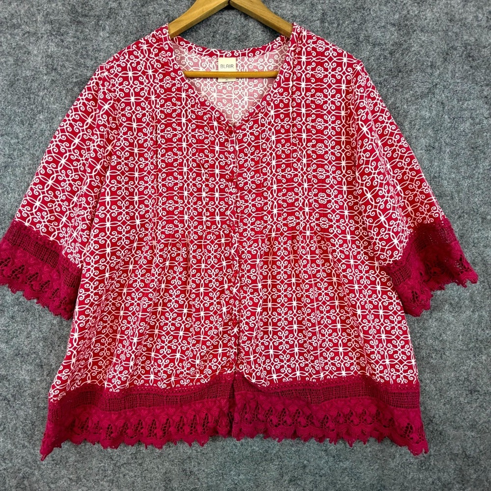Blair Tunic Top Womens XL Red Floral Crochet Lace Trim Oversized Flowy Coastal